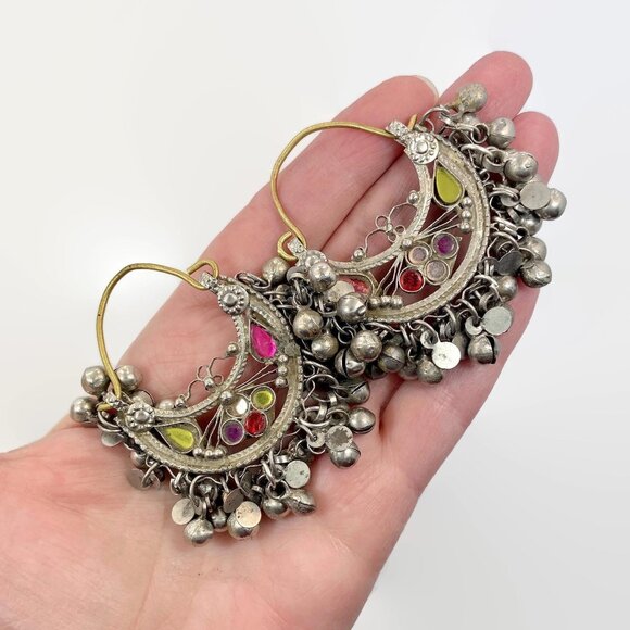 Hoop Earrings, Middle Eastern, Afghan, Ear Weights, 1.4 mm, Pink, Green, Jewels - Picture 1 of 3